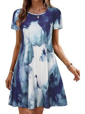 Women's Blue Tip Dye T-shirt Short Sleeve Floral Sundress Beach Cover Mini Dress